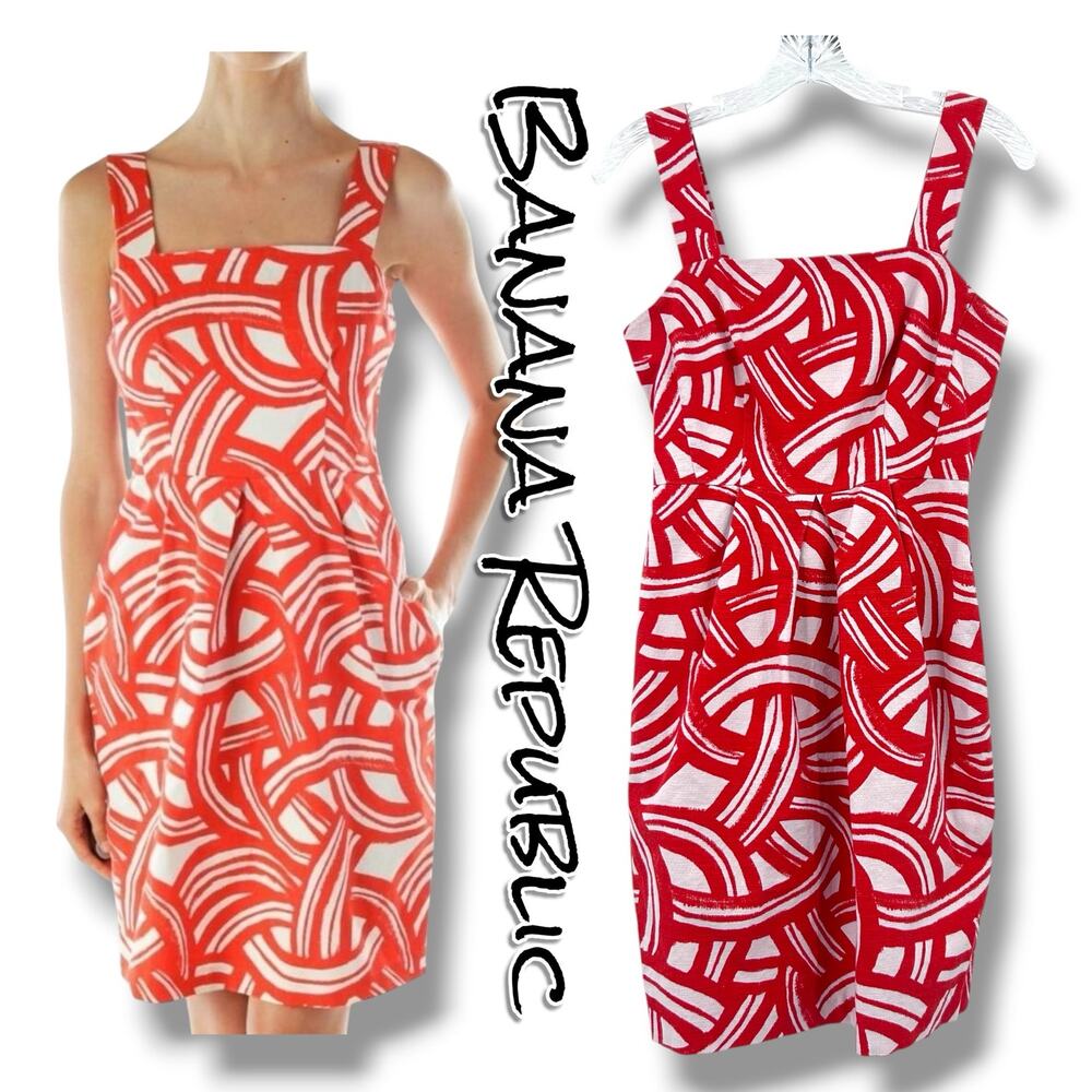 Banana Republic Textured Abstract Print Sleeveless Dress Red White Pockets Sz 2